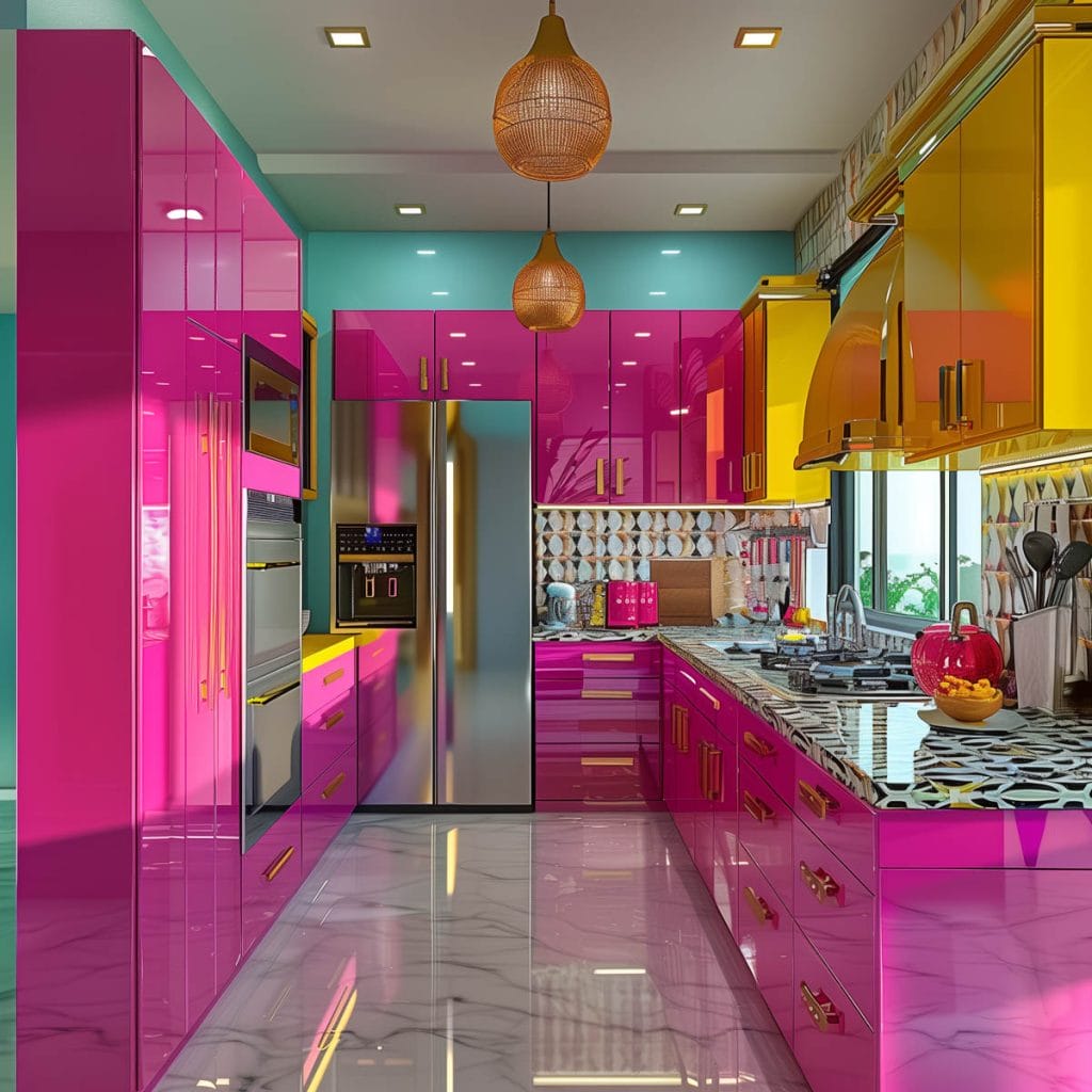 A lively atomic age kitchen with bright pink cabinets, futuristic appliances, and bold geometric patterns. The design includes contrasting colors like turquoise and yellow.