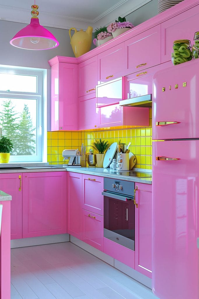 A lively atomic age kitchen with bright pink cabinets, futuristic appliances, and bold geometric patterns. The design includes contrasting colors like yellow.