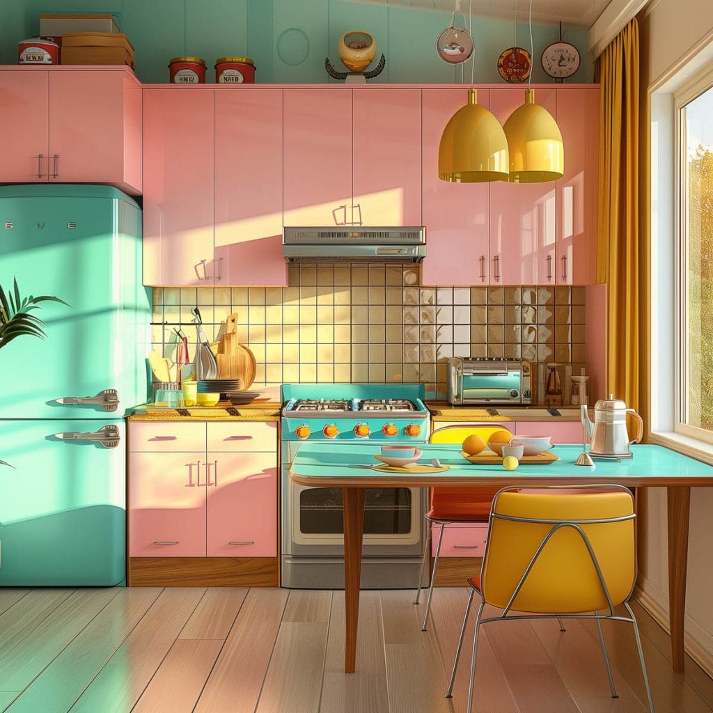 A lively atomic age kitchen with pink cabinets, futuristic appliances, and bold geometric patterns. The design includes contrasting colors like turquoise and yellow.