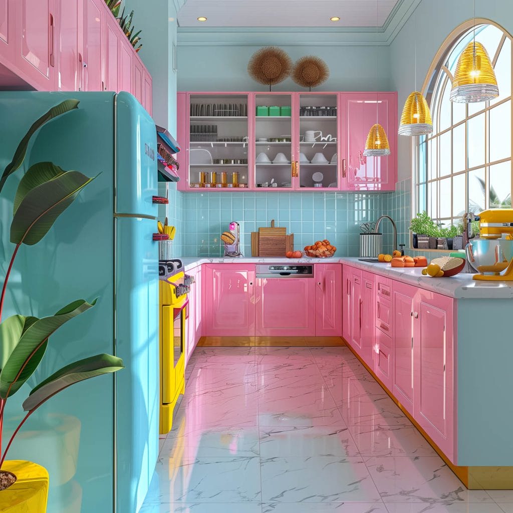 A lively atomic age kitchen with bright pink cabinets, futuristic appliances, and bold geometric patterns. The design includes contrasting colors like turquoise and yellow.