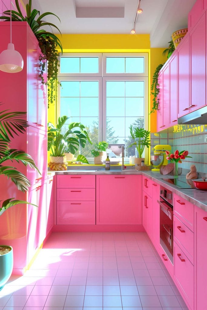 A lively atomic age kitchen with bright pink cabinets, futuristic appliances, and bold geometric patterns. The design includes contrasting colors like turquoise and yellow.