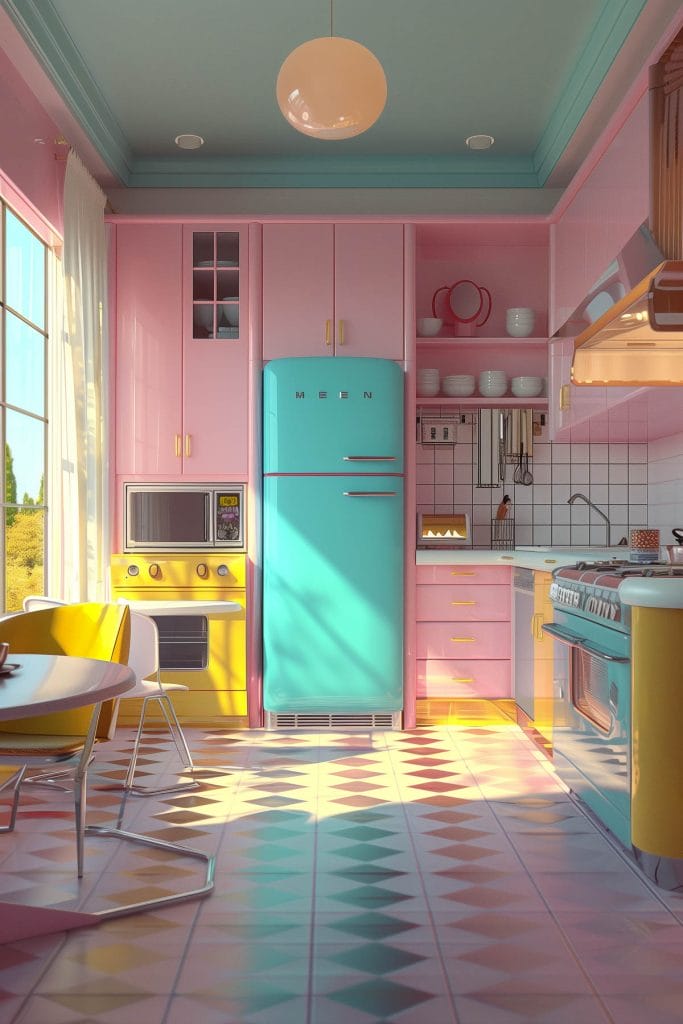 A lively atomic age kitchen with bright pink cabinets, futuristic appliances, and bold geometric patterns. The design includes contrasting colors like turquoise and yellow.