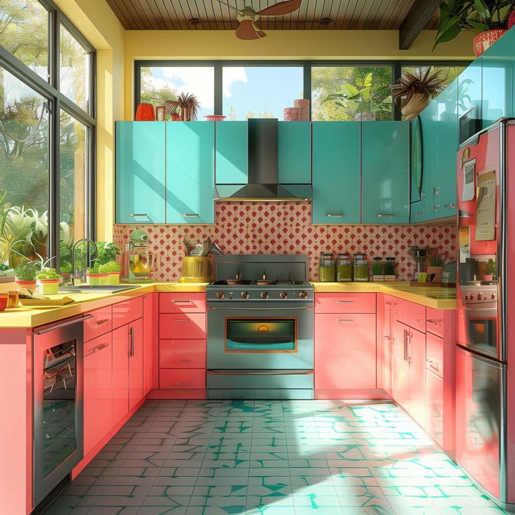 A lively atomic age kitchen with bright pink cabinets, futuristic appliances, and bold geometric patterns. The design includes contrasting colors like turquoise and yellow.