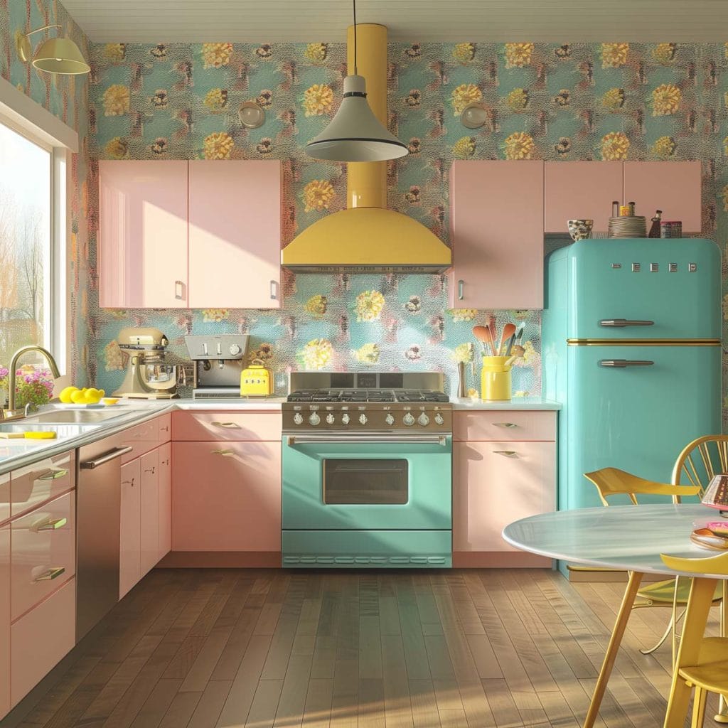 A lively atomic age kitchen with bright pink cabinets, futuristic appliances, and bold geometric patterns. The design includes contrasting colors like turquoise and yellow.