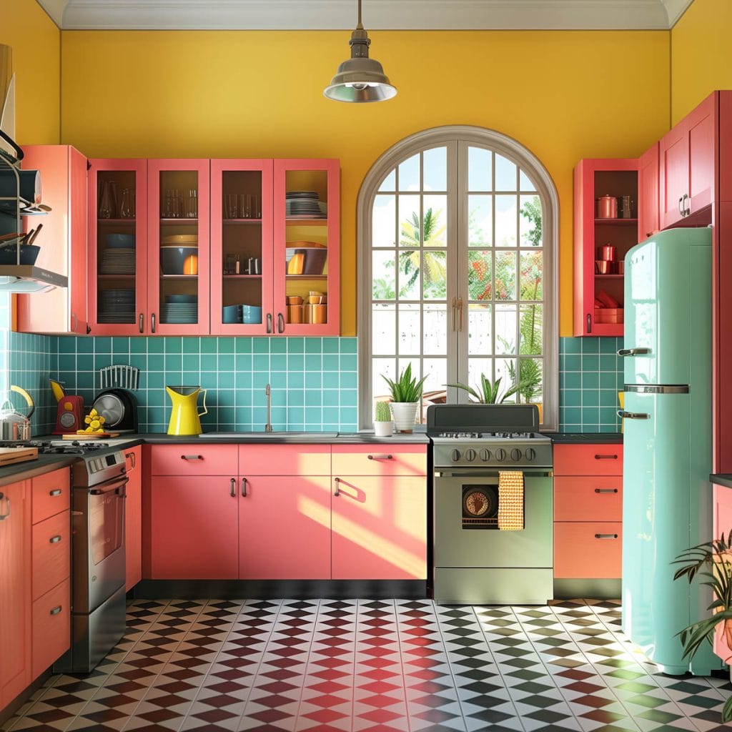 A lively atomic age kitchen with bright pink cabinets, futuristic appliances, and bold geometric patterns. The design includes contrasting colors like turquoise and yellow.