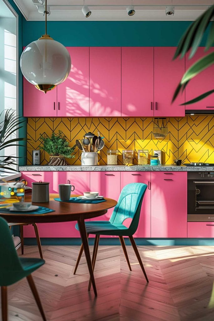 A lively atomic age kitchen with bright pink cabinets, futuristic appliances, and bold geometric patterns. The design includes contrasting colors like turquoise and yellow.