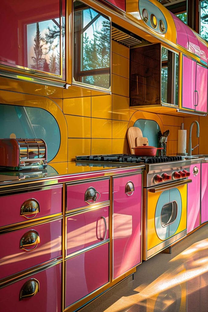 A lively atomic age kitchen with bright pink cabinets, futuristic appliances, and bold geometric patterns. The design includes contrasting colors like turquoise and yellow.