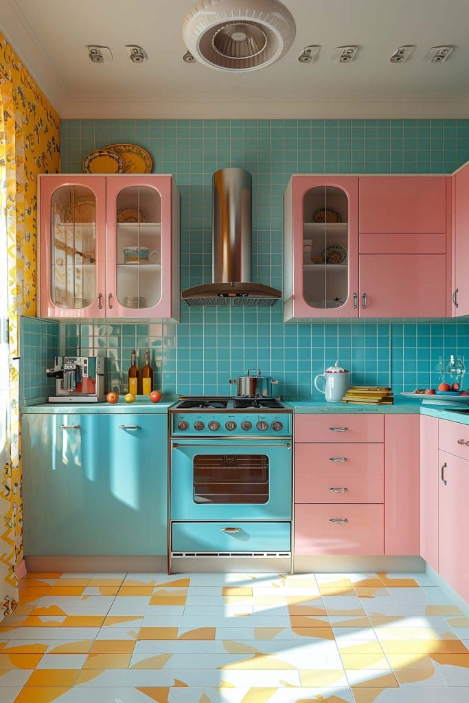 A lively atomic age kitchen with bright pink cabinets, futuristic appliances, and bold geometric patterns. The design includes contrasting colors like turquoise and yellow.