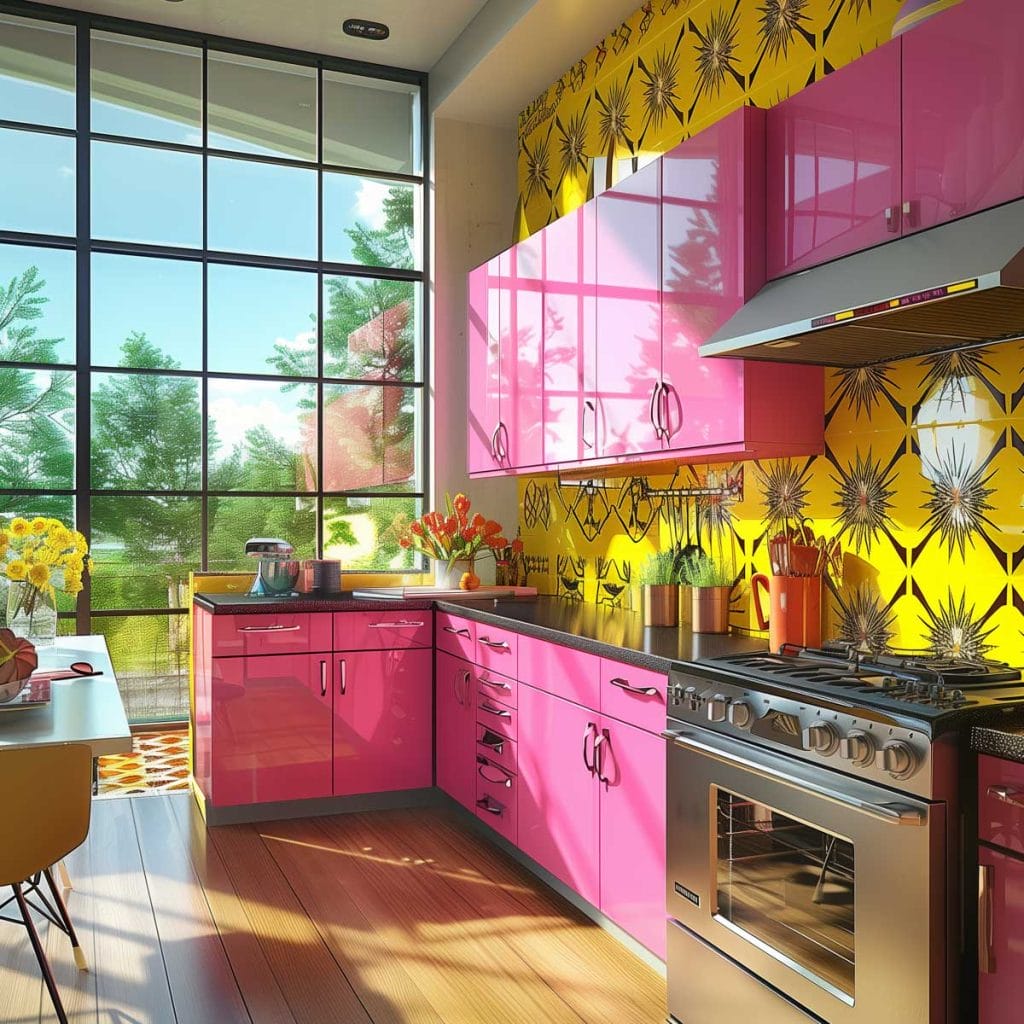 A lively atomic age kitchen with bright pink cabinets, futuristic appliances, and bold geometric patterns. The design includes contrasting colors like turquoise and yellow.