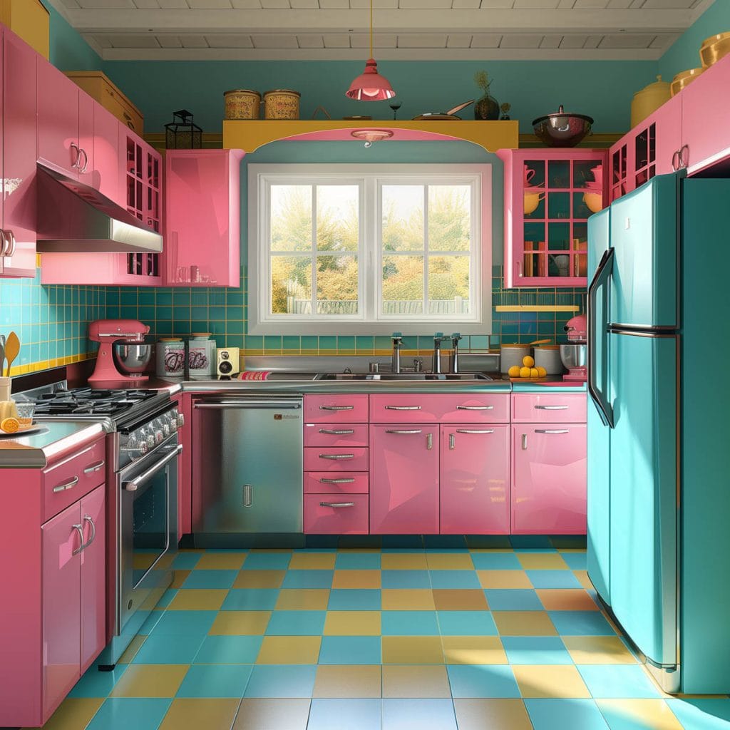 A lively atomic age kitchen with bright pink cabinets, futuristic appliances, and bold geometric patterns. The design includes contrasting colors like turquoise and yellow.