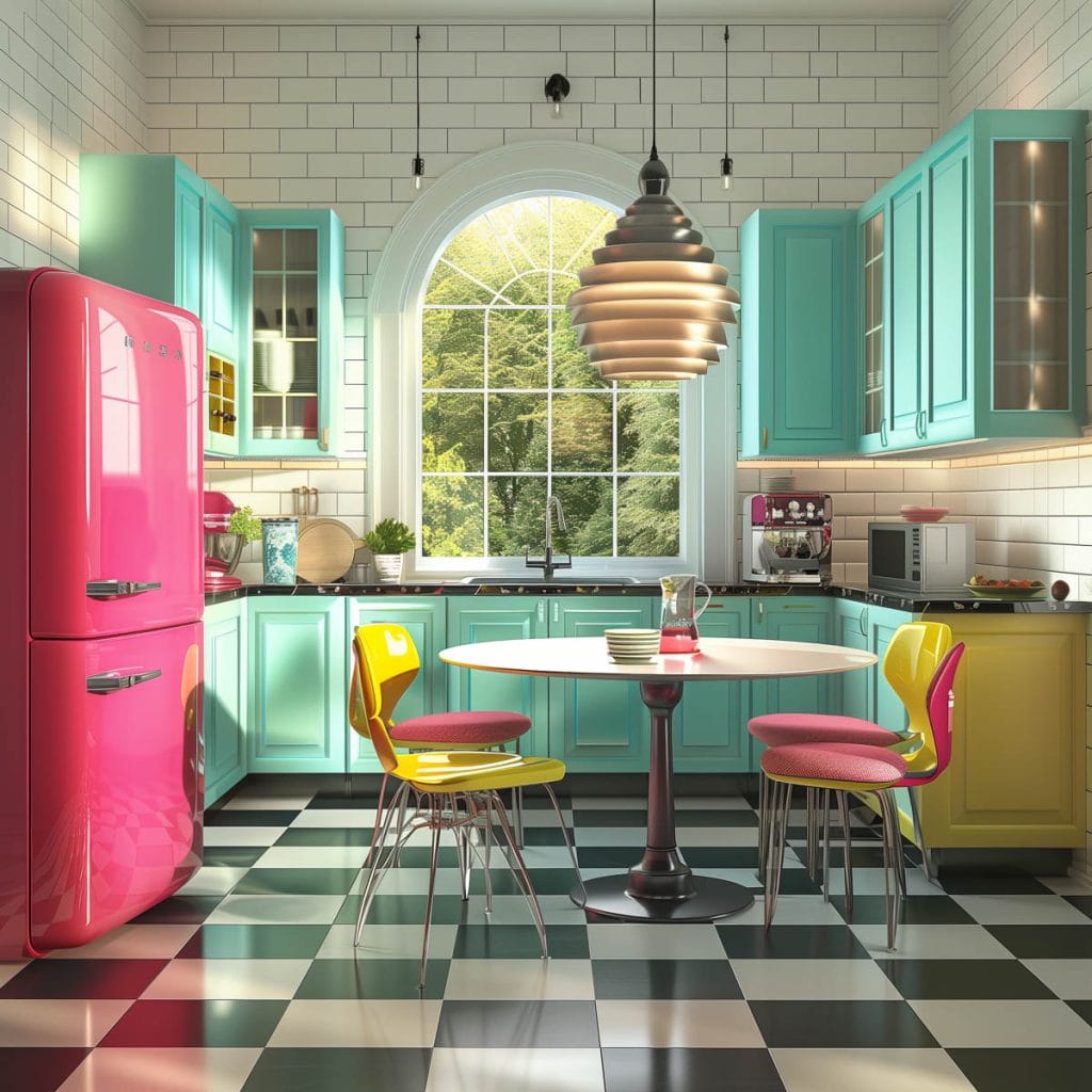 A lively atomic age kitchen with turquoise cabinets, futuristic appliances, and bold geometric patterns. The design includes contrasting colors like yellow.