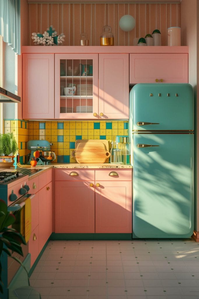 A lively atomic age kitchen with bright pink cabinets, futuristic appliances, and bold geometric patterns. The design includes contrasting colors like turquoise and yellow.