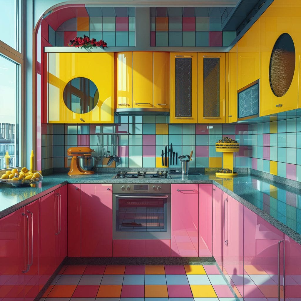 A lively atomic age kitchen with bright pink cabinets, futuristic appliances, and bold geometric patterns. The design includes contrasting colors like turquoise and yellow.