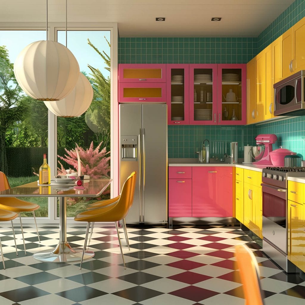 A lively atomic age kitchen with bright pink cabinets, futuristic appliances, and bold geometric patterns. The design includes contrasting colors like turquoise and yellow.