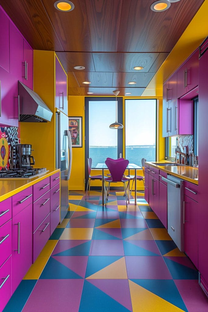 A lively atomic age kitchen with bright pink cabinets, futuristic appliances, and bold geometric patterns. The design includes contrasting colors like turquoise and yellow.