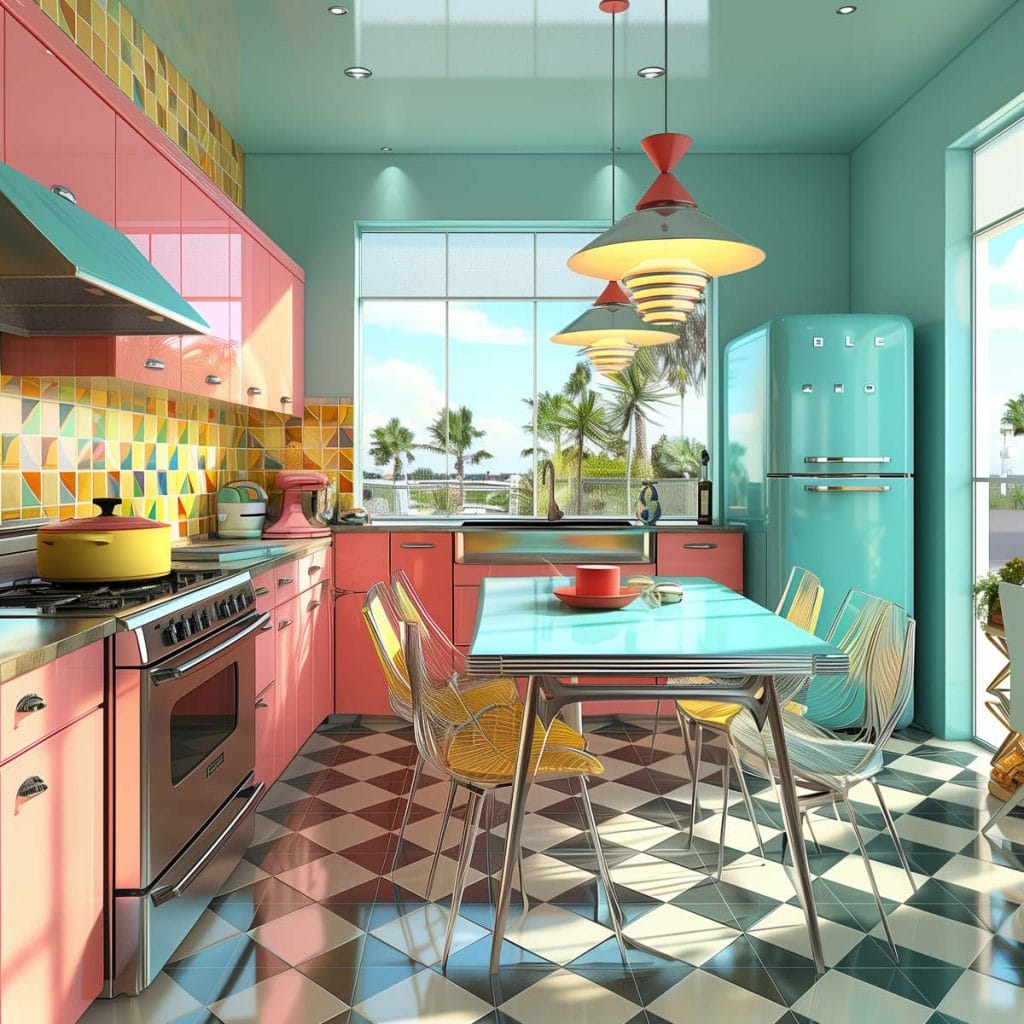 A lively atomic age kitchen with bright pink cabinets, futuristic appliances, and bold geometric patterns. The design includes contrasting colors like turquoise and yellow.