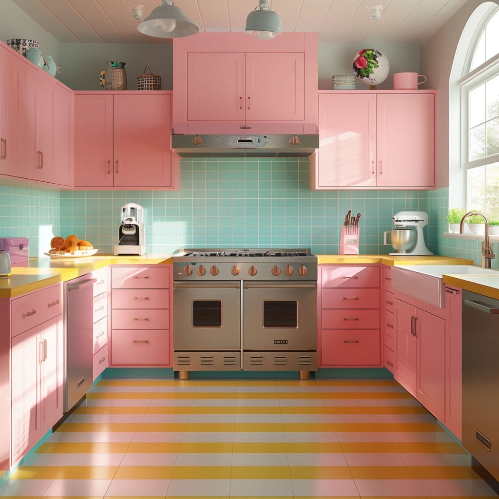 A lively atomic age kitchen with bright pink cabinets, futuristic appliances, and bold geometric patterns. The design includes contrasting colors like turquoise and yellow.