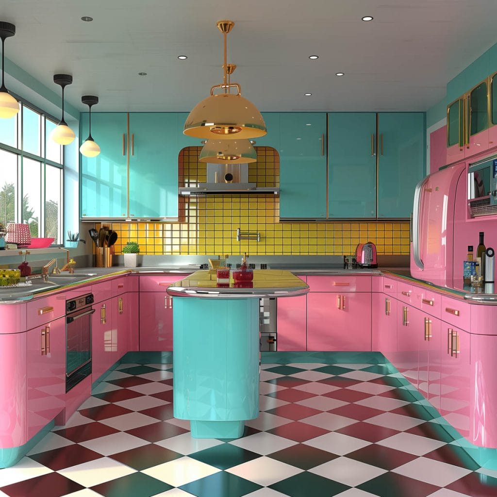 A lively atomic age kitchen with bright pink cabinets, futuristic appliances, and bold geometric patterns. The design includes contrasting colors like turquoise and yellow.