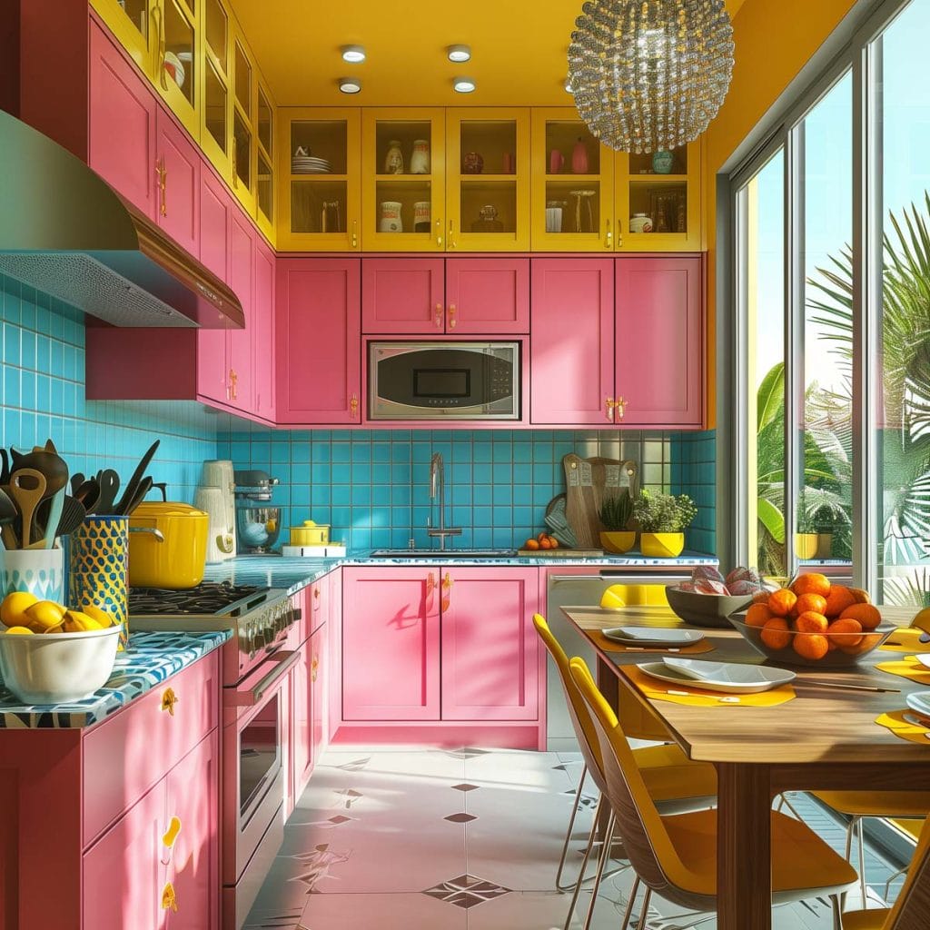 A lively atomic age kitchen with bright pink cabinets, futuristic appliances, and bold geometric patterns. The design includes contrasting colors like turquoise and yellow.