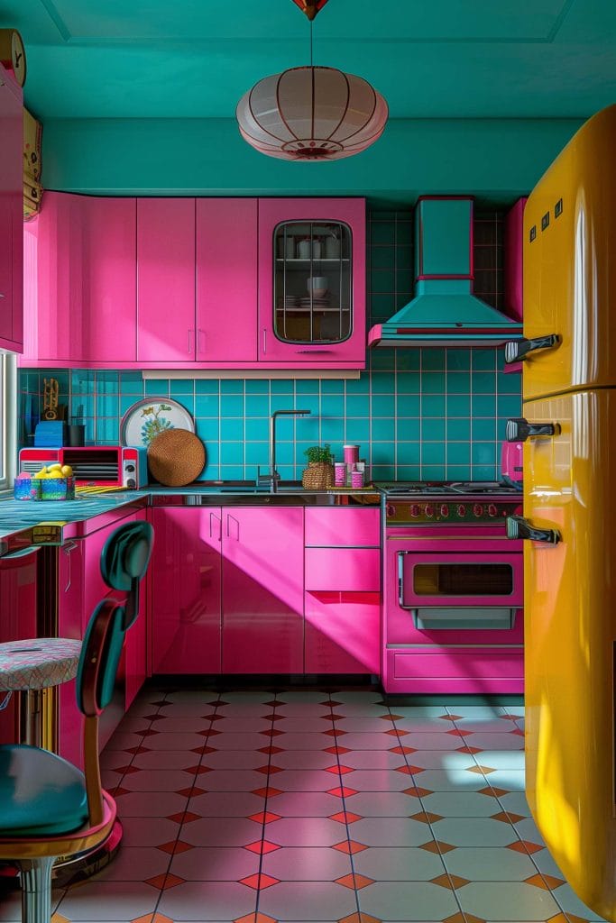 A lively atomic age kitchen with bright pink cabinets, futuristic appliances, and bold geometric patterns. The design includes contrasting colors like turquoise and yellow.