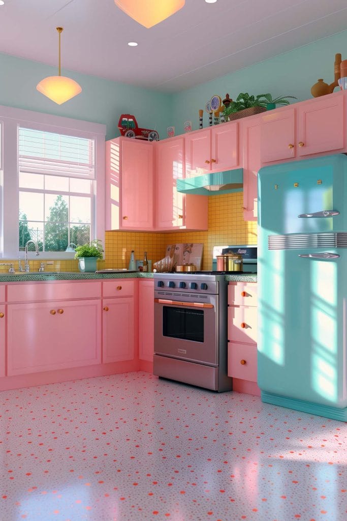 A lively atomic age kitchen with bright pink cabinets, futuristic appliances, and bold geometric patterns. The design includes contrasting colors like turquoise and yellow.