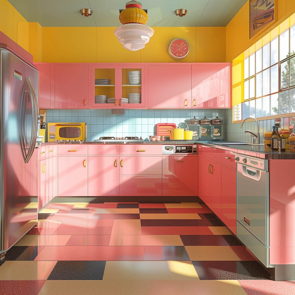 A lively atomic age kitchen with bright pink cabinets, futuristic appliances, and bold geometric patterns. The design includes contrasting colors like turquoise and yellow.