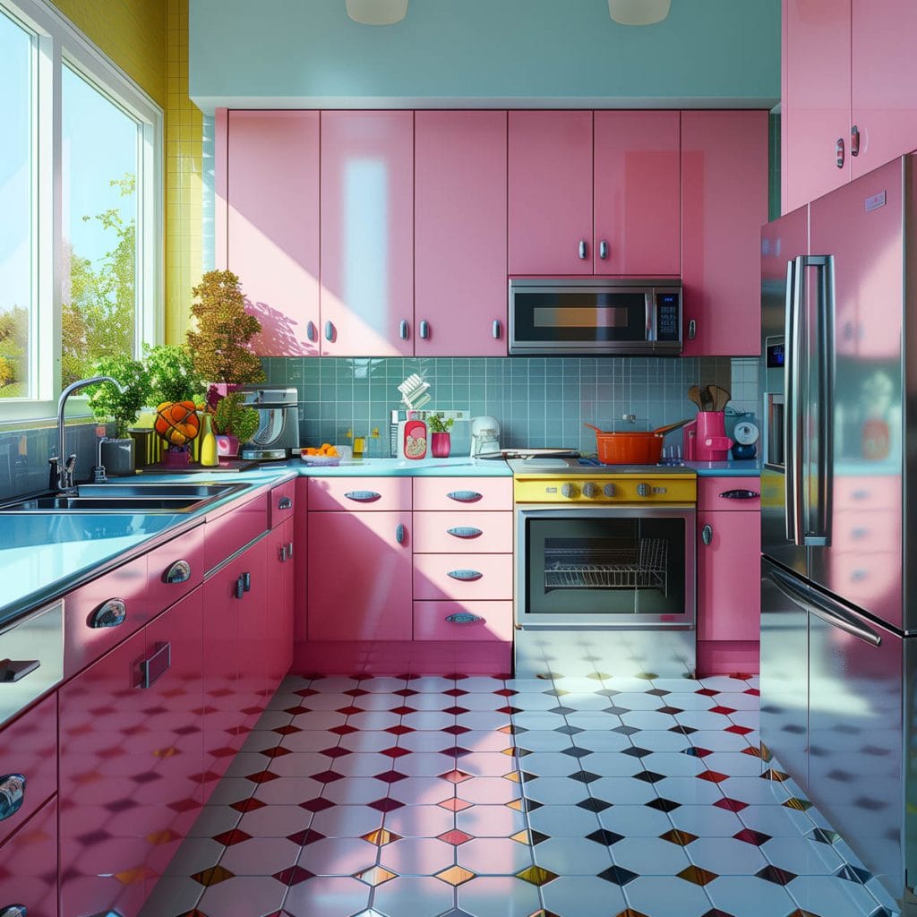 A lively atomic age kitchen with bright pink cabinets, futuristic appliances, and bold geometric patterns. The design includes contrasting colors like turquoise and yellow.