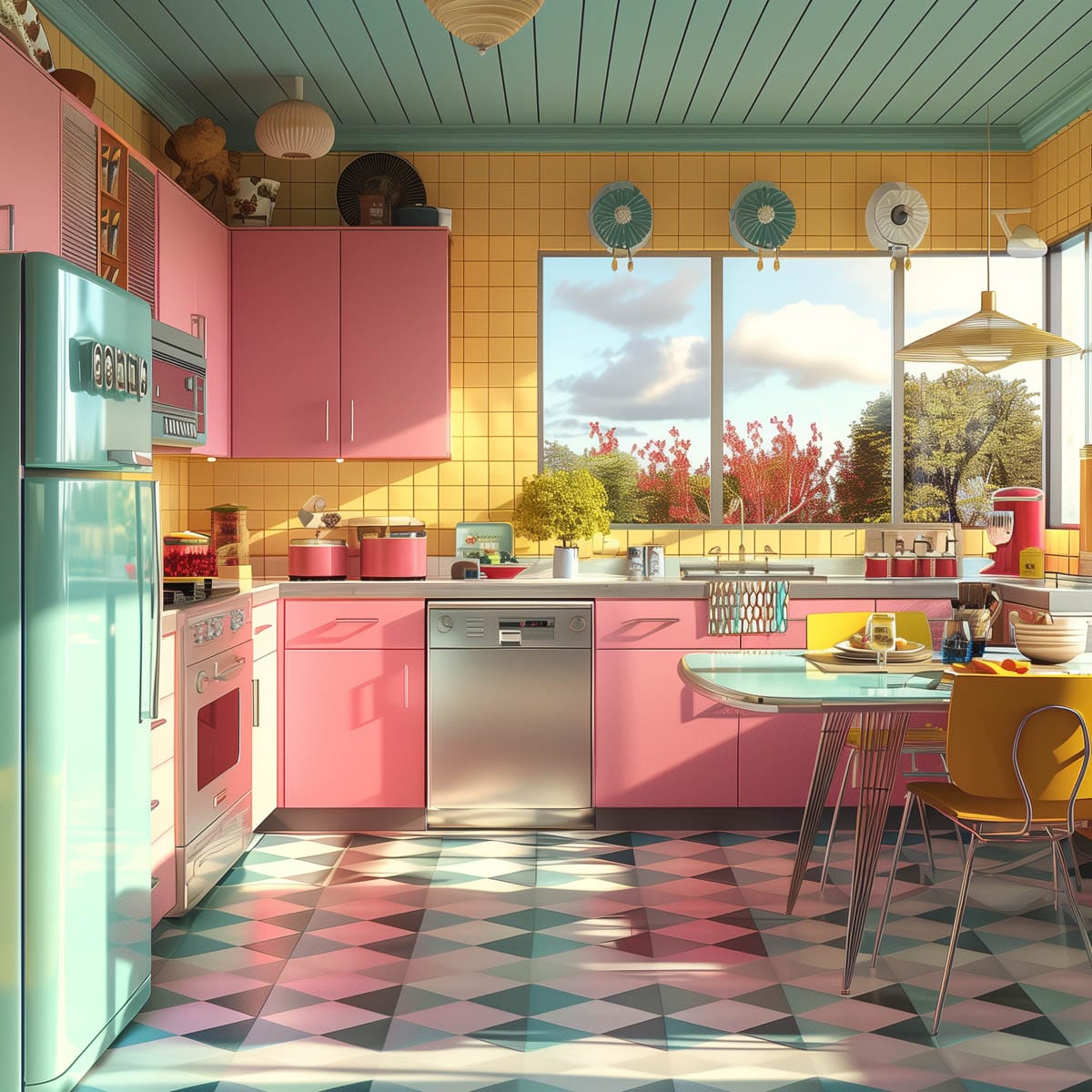 A lively atomic age kitchen with bright pink cabinets, futuristic appliances, and bold geometric patterns. The design includes contrasting colors like turquoise and yellow.