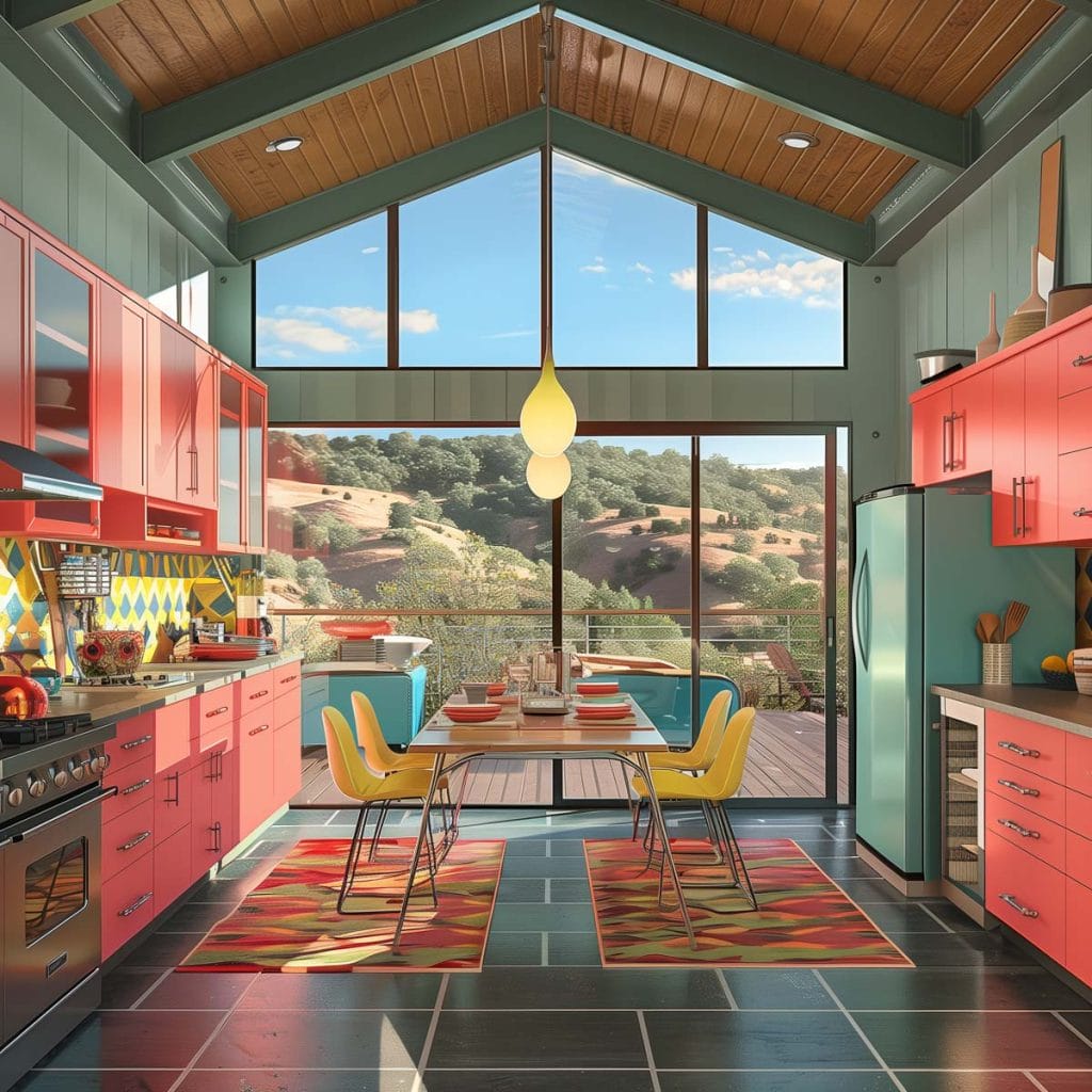 A lively atomic age kitchen with bright pink cabinets, futuristic appliances, and bold geometric patterns. The design includes contrasting colors like turquoise and yellow.