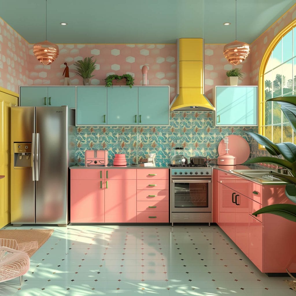 A lively atomic age kitchen with bright pink cabinets, futuristic appliances, and bold geometric patterns. The design includes contrasting colors like turquoise and yellow.