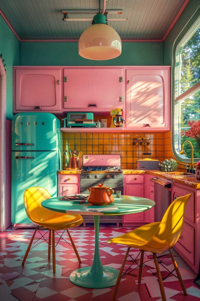 A lively atomic age kitchen with bright pink cabinets, futuristic appliances, and bold geometric patterns. The design includes contrasting colors like turquoise and yellow.