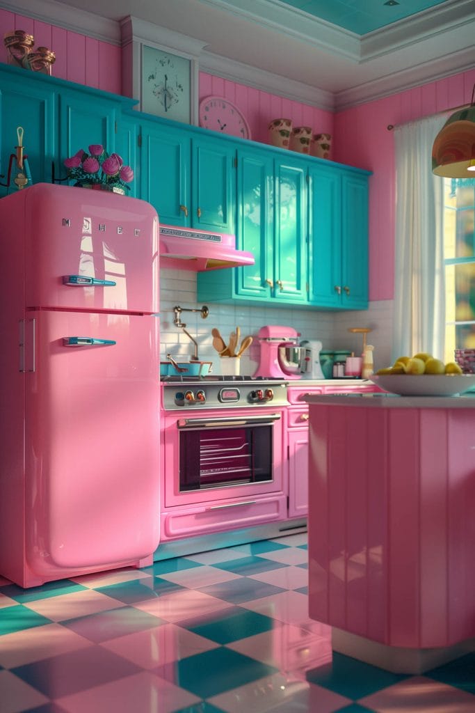 A lively atomic age kitchen with bright pink cabinets, futuristic appliances, and bold geometric patterns. The design includes contrasting colors like turquoise.