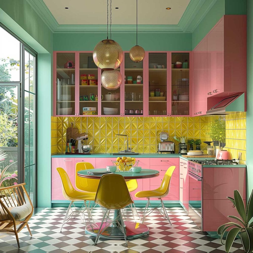 A lively atomic age kitchen with bright pink cabinets, futuristic appliances, and bold geometric patterns. The design includes contrasting colors like turquoise and yellow.