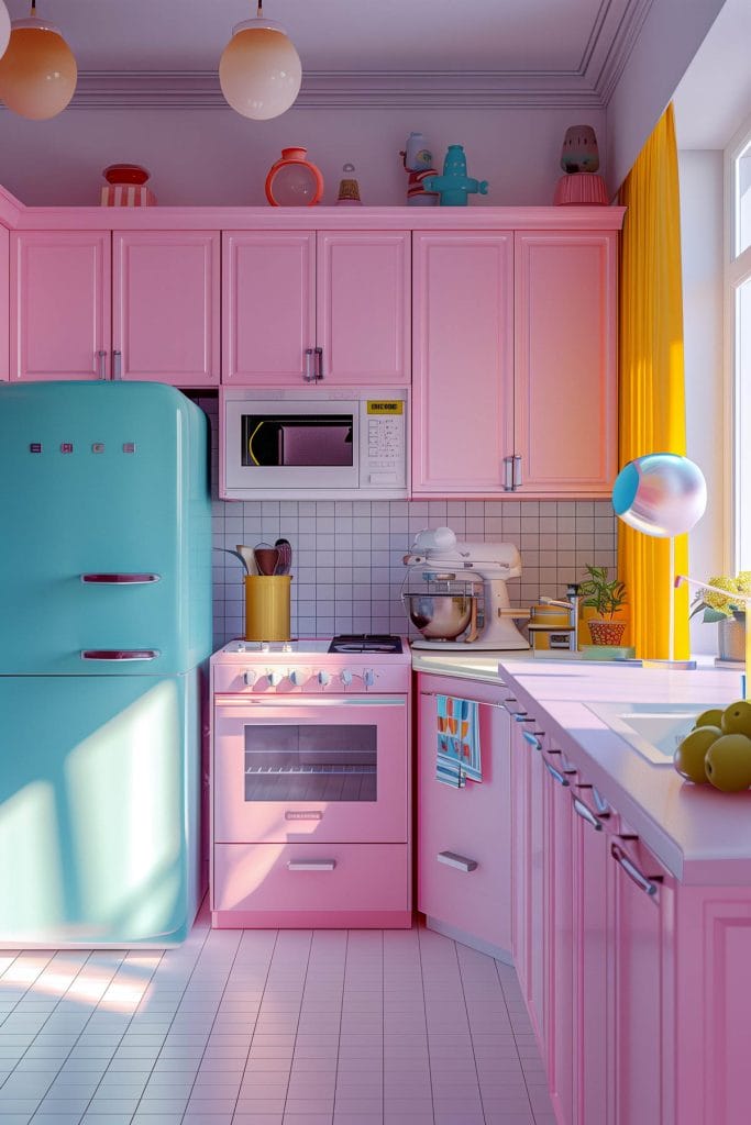 A lively atomic age kitchen with bright pink cabinets, futuristic appliances, and bold geometric patterns. The design includes contrasting colors like turquoise and yellow.