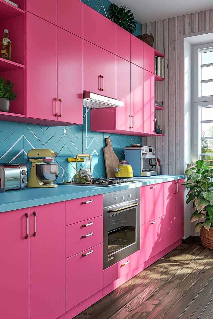 A lively atomic age kitchen with bright pink cabinets, futuristic appliances, and bold geometric patterns. The design includes contrasting colors like turquoise and yellow.