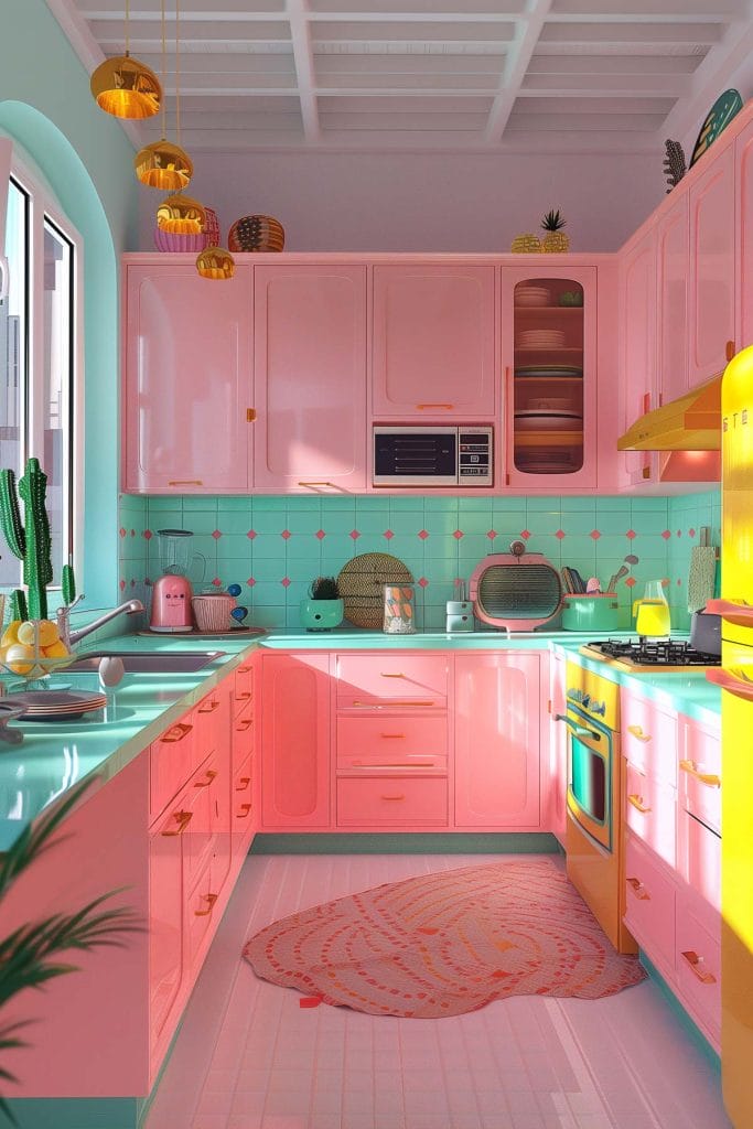 A lively atomic age kitchen with bright pink cabinets, futuristic appliances, and bold geometric patterns. The design includes contrasting colors like turquoise and yellow.