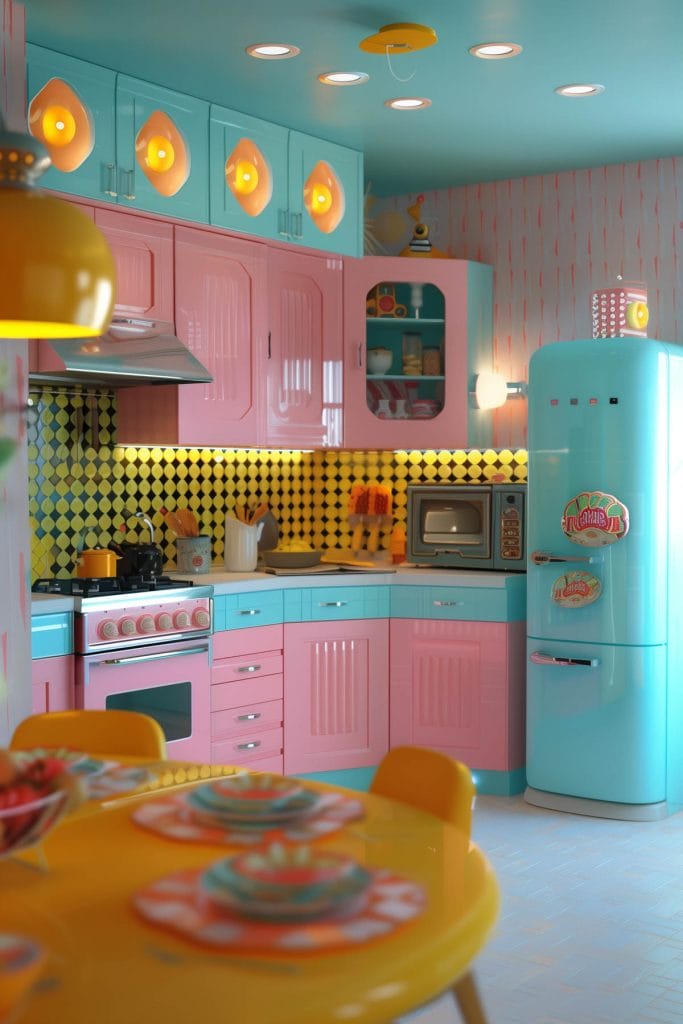 A lively atomic age kitchen with bright pink cabinets, futuristic appliances, and bold geometric patterns. The design includes contrasting colors like turquoise and yellow.