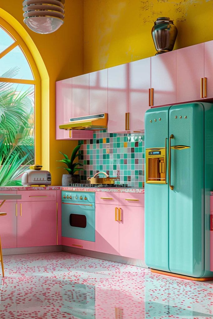 A lively atomic age kitchen with bright pink cabinets, futuristic appliances, and bold geometric patterns. The design includes contrasting colors like turquoise and yellow.