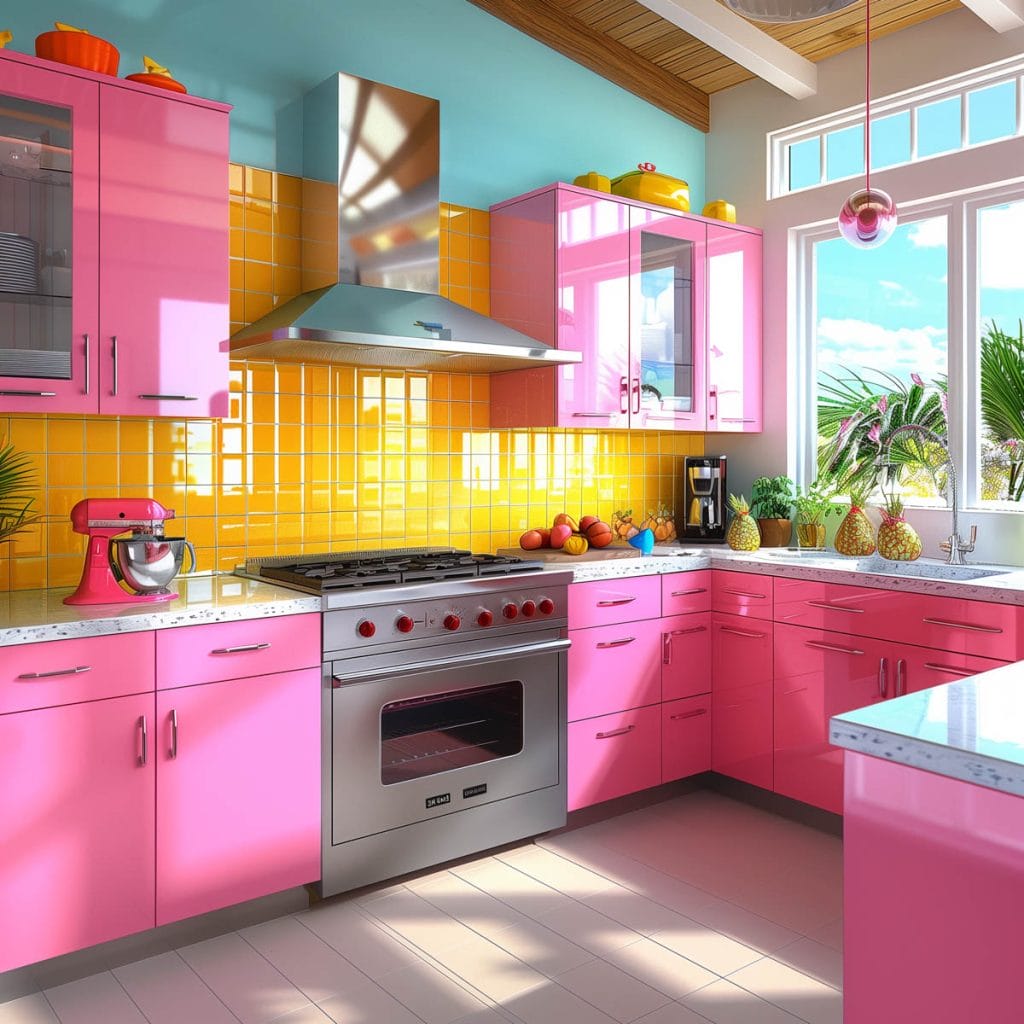 A lively atomic age kitchen with bright pink cabinets, futuristic appliances, and bold geometric patterns. The design includes contrasting colors like turquoise and yellow.