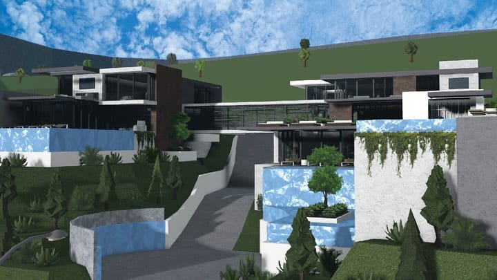 A modern mansion on a hill with sleek design, large glass windows, and great views. It has multiple levels that follow the hill's slope and a mix of dark and light materials.