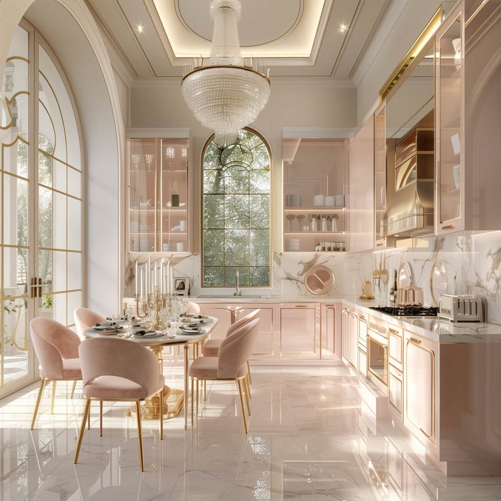 A luxurious Hollywood glam kitchen with blush pink cabinets, gold accents, marble countertops, and mirrored backsplashes. The space is completed with elegant chandeliers and high-end appliances.