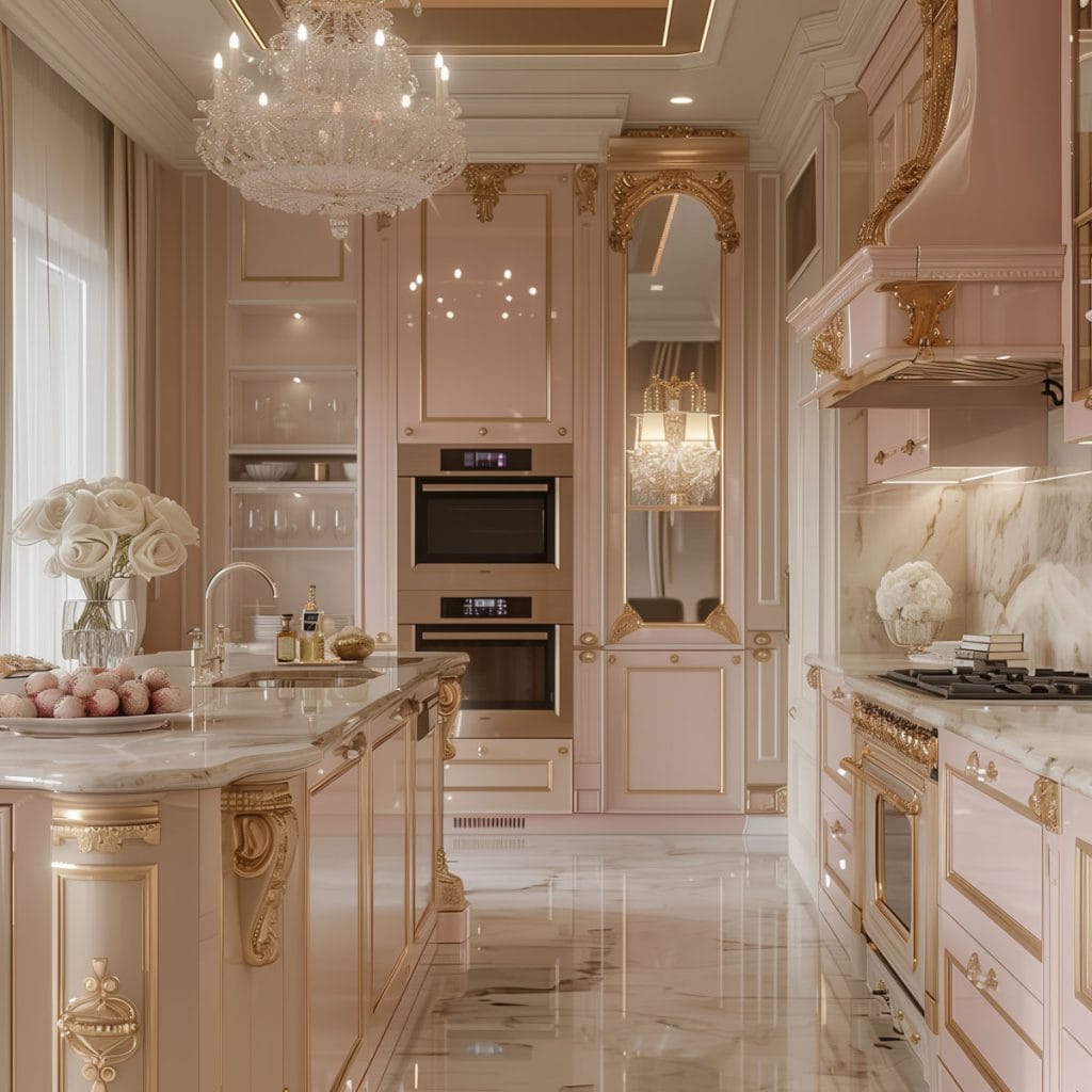 A luxurious Hollywood glam kitchen with blush pink cabinets, gold accents, marble countertops, and mirrored backsplashes. The space is completed with elegant chandeliers and high-end appliances.