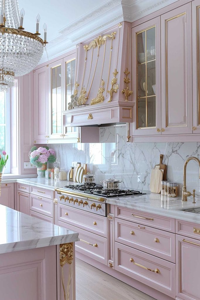 A luxurious Hollywood glam kitchen with blush pink cabinets, gold accents, marble countertops, and mirrored backsplashes. The space is completed with elegant chandeliers and high-end appliances.