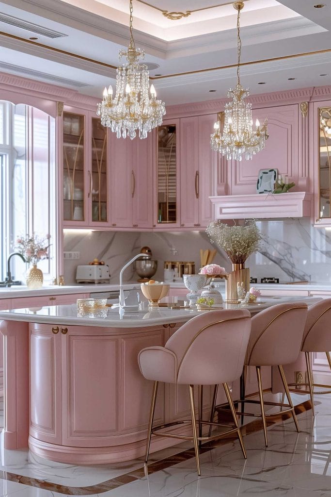 A luxurious Hollywood glam kitchen with blush pink cabinets, gold accents, marble countertops, and mirrored backsplashes. The space is completed with elegant chandeliers and high-end appliances.