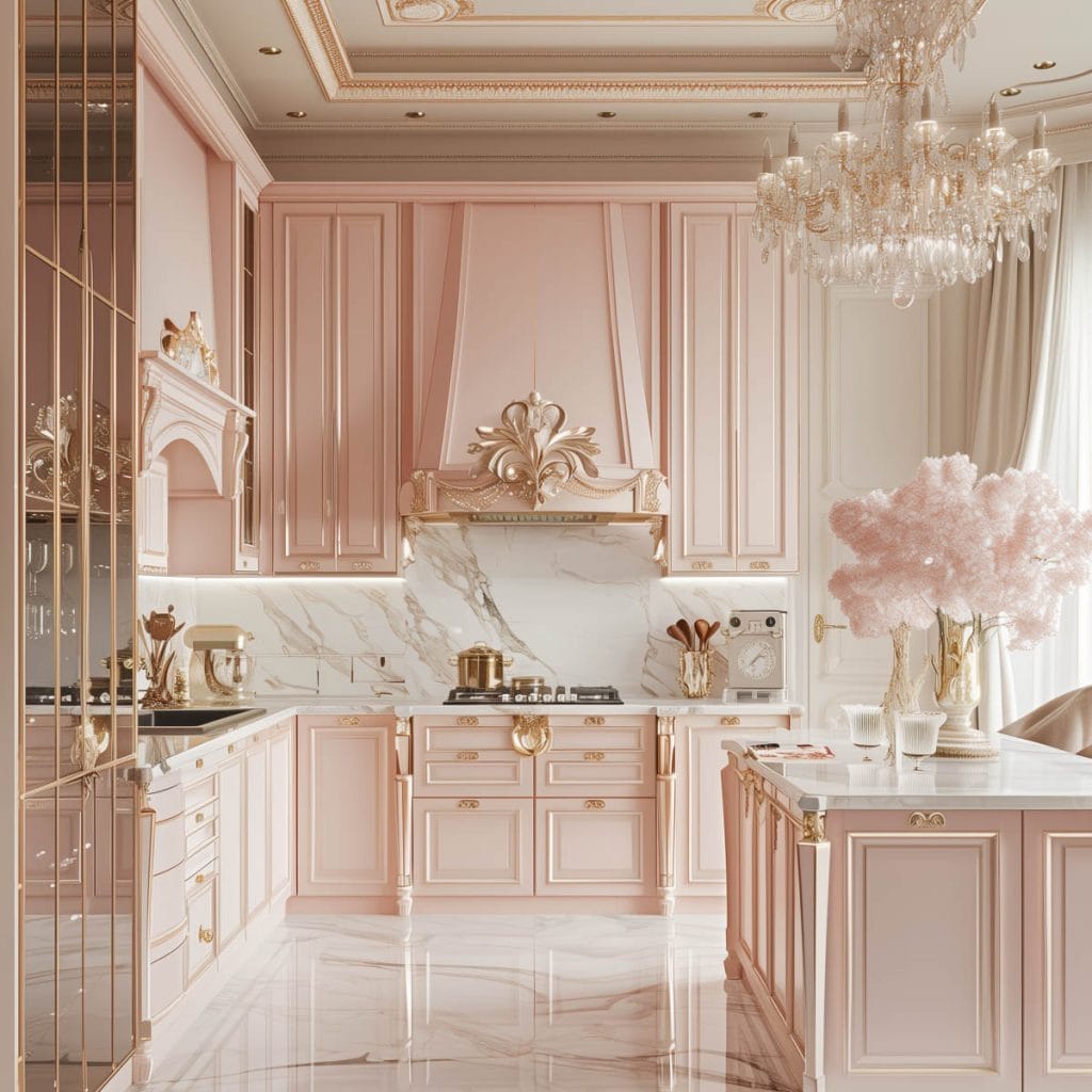 A luxurious Hollywood glam kitchen with blush pink cabinets, gold accents, marble countertops, and mirrored backsplashes. The space is completed with elegant chandeliers and high-end appliances.