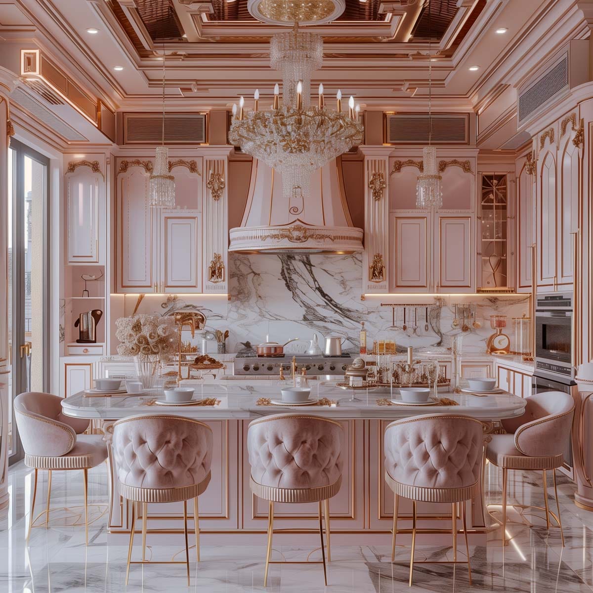 A luxurious Hollywood glam kitchen with blush pink cabinets, gold accents, marble countertops, and mirrored backsplashes. The space is completed with elegant chandeliers and high-end appliances.