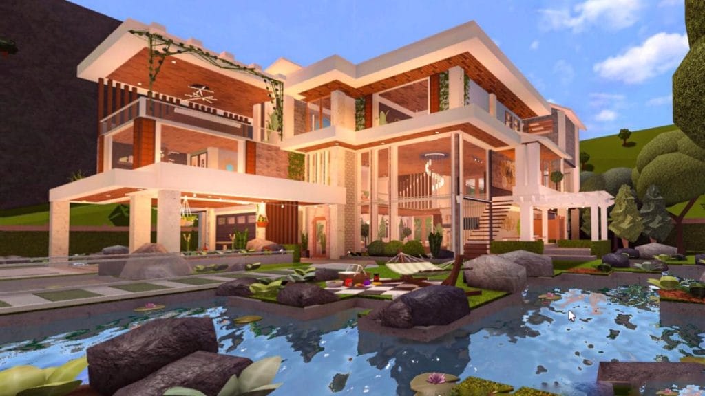 A luxurious modern mansion by a lake, featuring large windows, clean lines, and a private dock.