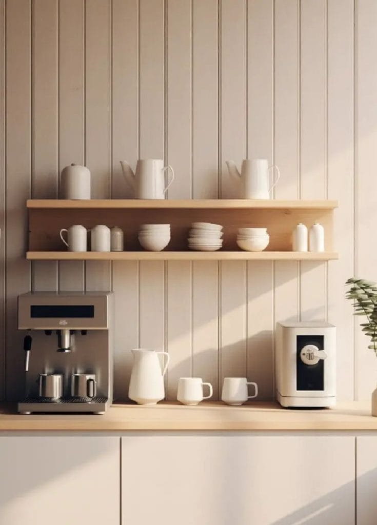 A minimalist coffee station with natural wood shelving, white cabinetry, and elegant decor, showcasing clean lines and simple design.