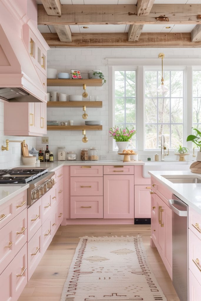 A sleek streamlined modern kitchen with pink cabinets, white countertops, and stainless-steel appliances. The design emphasizes clean lines and functionality with open shelving.