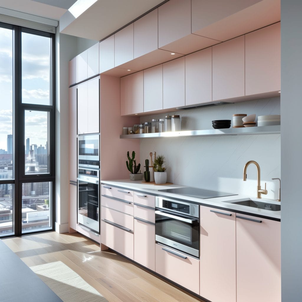 A sleek streamlined modern kitchen with pink cabinets, white countertops, and stainless-steel appliances. The design emphasizes clean lines and functionality with open shelving.